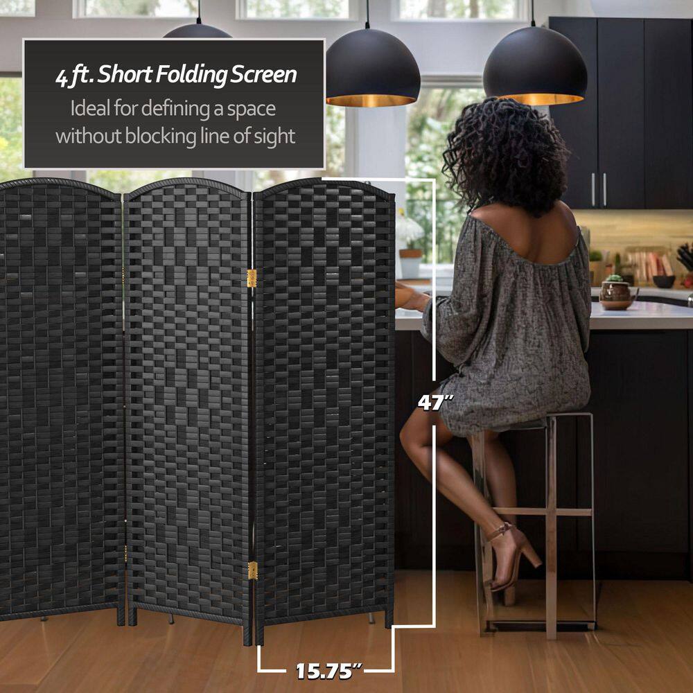 4 Ft Tall Black Woven Plant Fiber Folding Screen with 4 Panels