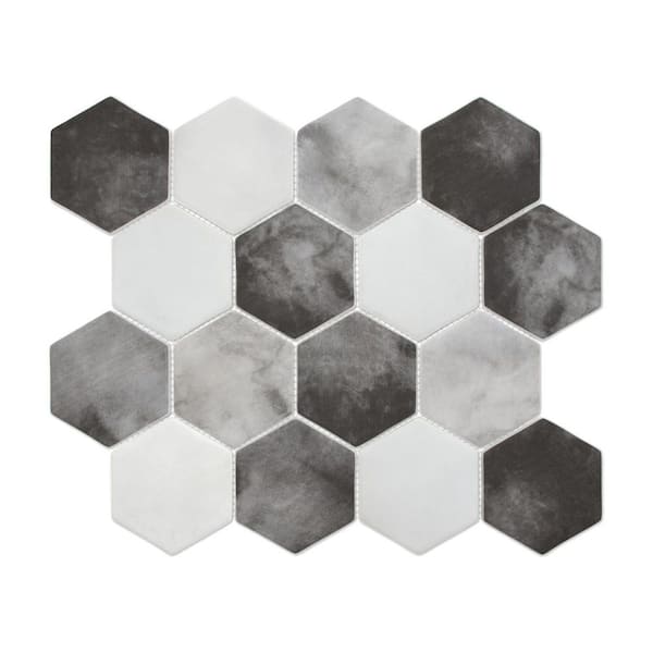 Hexagon Gray Mix 11.8 in. x 10.23 in. Matte Recycled Glass Cement Looks Floor and Wall Mosaic Tile (8.4 sq. ft. /Case)