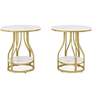 Kerlin 19.68 in. White and Gold Round Wood End Table Set of 2, 2-Tier Side Table Modern Nightstand Bedside Table