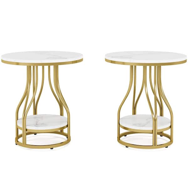 BYBLIGHT Kerlin 19.68 in. White and Gold Round Wood End Table Set of 2, 2-Tier Side Table Modern Nightstand Bedside Table