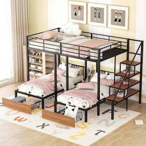 Black Full over Twin-Twin Metal Triple Bunk Bed with 2-Drawer and Storage Staircase