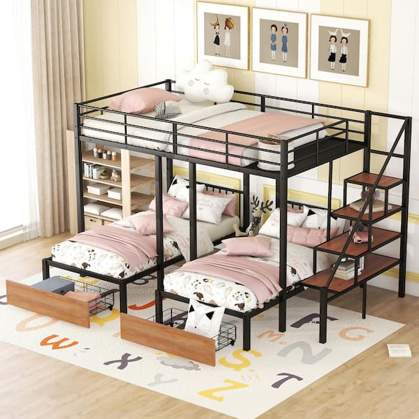 Harper & Bright Designs Black Full over Twin-Twin Metal Triple Bunk Bed with 2-Drawer and Storage Staircase