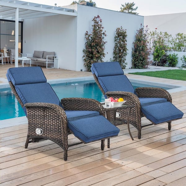 moosprr SleekArm Brown 3-Piece Wicker Outdoor Chaise Lounge with Blue Cushions and Adjustable Recline Functions/Side Table