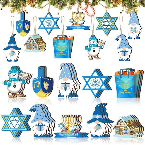Hanukkah Gnome Ornaments, 30-Pieces Wooden Set with Star of David.
