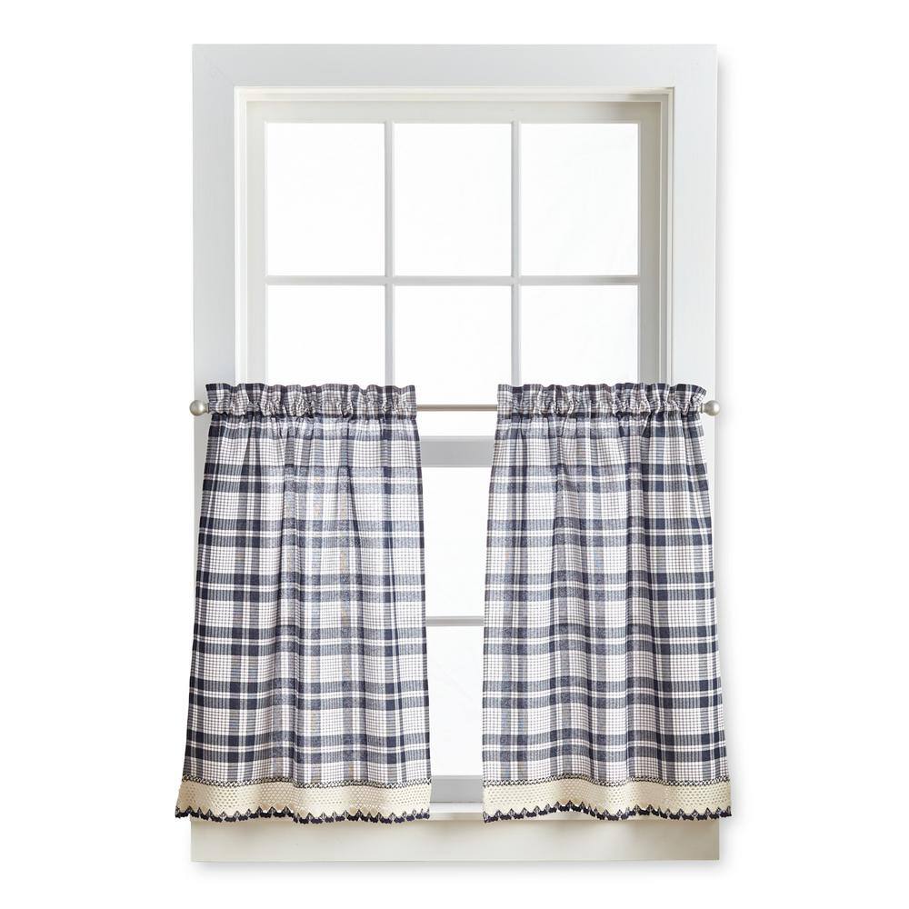 Navy Plaid Cotton Polyester Light-Filtering Rod Pocket Tier Curtains