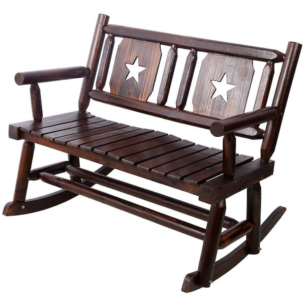 Unbranded Brown 43 in. W x 33.6 in. L x 35.8 in. H Wood Rocking Park Bench, Rocking Chair for 2-Persons with Wide Curved Seat