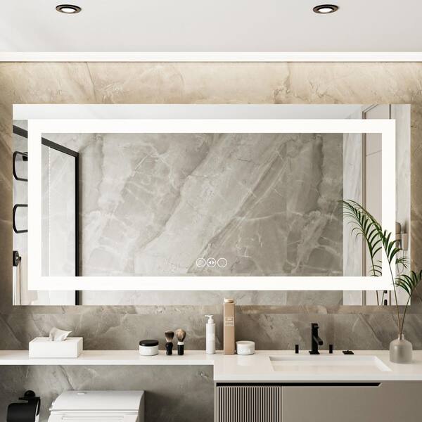 GOGEXX 36 in. W x 72 in. H Sliver Vanity Mirror Frameless Rectangular Smart Touchable Anti-Fog LED Light Bathroom Wall 3-Color