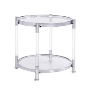 22.05 in. Clear Round Glass Top Side Table with Chrome Frame, 2-Tier Acrylic End Table for Living Room, Bedroom