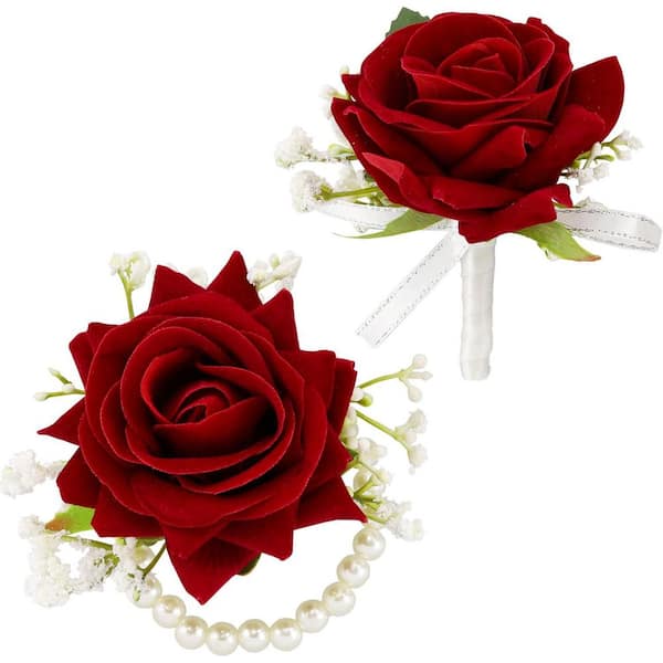 Afoxsos 0.7 in. Red Indoor/Outdoor Artificial Rose Corsage and Boutonniere Set Wristlet Band Bracelet (2-Piece)