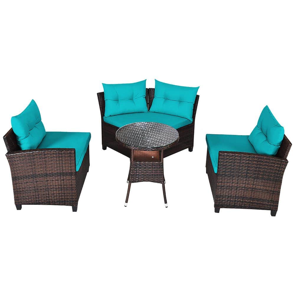 Turquoise Cushioned Rattan Outdoor Furniture Set with Glass Table