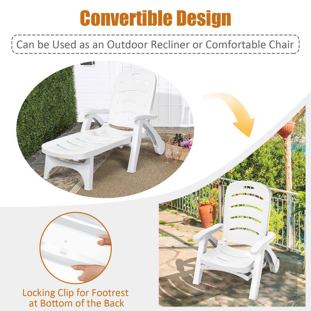 Coastal Breeze White PP Outdoor Folding Chaise Lounge with Wheels
