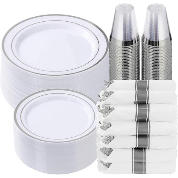 Silver Plastic Dinnerware Set for 50-Guests, 350-Piece Disposable Plates, Cups, Napkins and Silverware