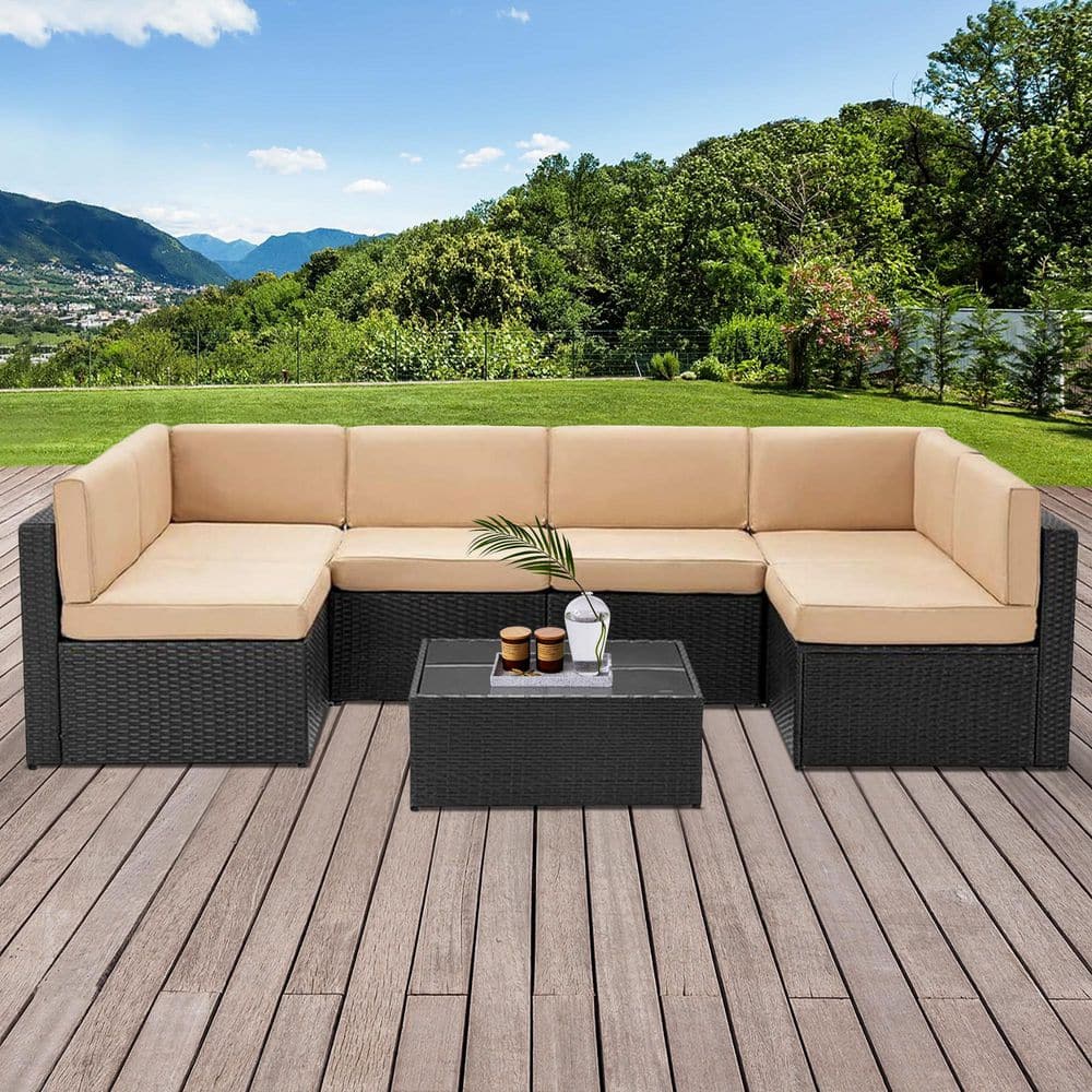 7-Piece Black Wicker Outdoor Sofa Sectional Set Patio Seating Sets with Kha