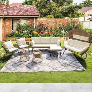 Beige 6-Piece PE Wicker Patio Conversation Set with Cushions