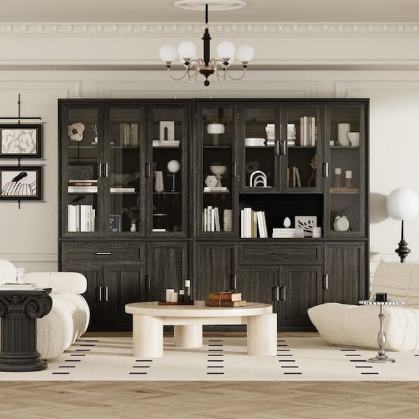 79.9 in. Tall Brown Wood Grain 26-Shelf Standard Bookcase, Storage Cabinet, Sideboard w/ 2-Large Drawer and 7-Glass Door