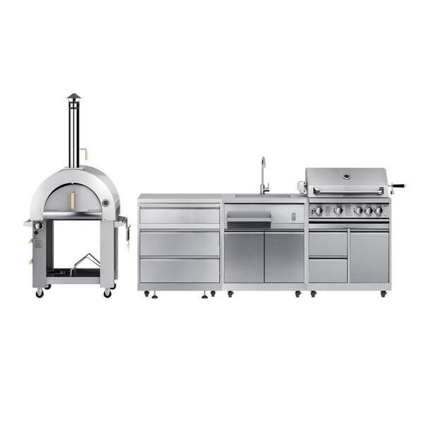 Kitchen Set with a 30 in. BBQ Propane Grill and Cabinet, Dual Fuel Outdoor Pizza Oven, 3 Drawer Cabinet, Sink.