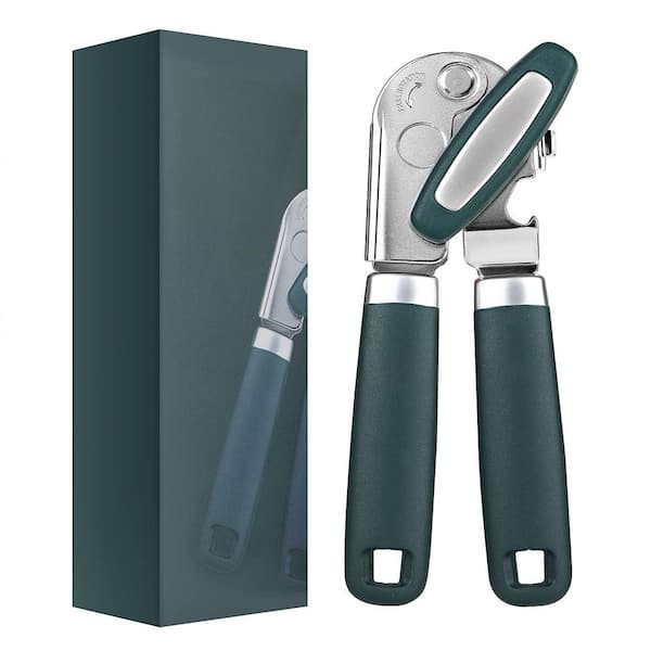 Smooth Cutting Manual Can Opener with Non-Slip Rubber Handle, Suction Magnet and Built-in Bottle Opener, in Green