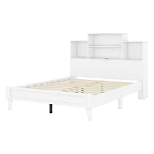 White Wood Frame Queen Size Platform Bed with USB Ports and 4-Storage Shelves