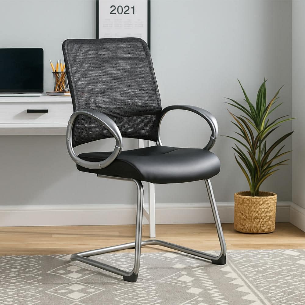 Toi Leather Upholstered Ergonomic Office Guest Chair in Black and Pewter Gray with Non-Adjustable Arms