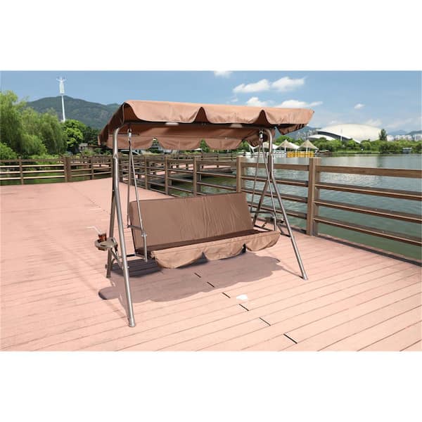ITOPFOX 3-Person Metal Outdoor Patio Swing Chair with Coffee Cushions and Canopy