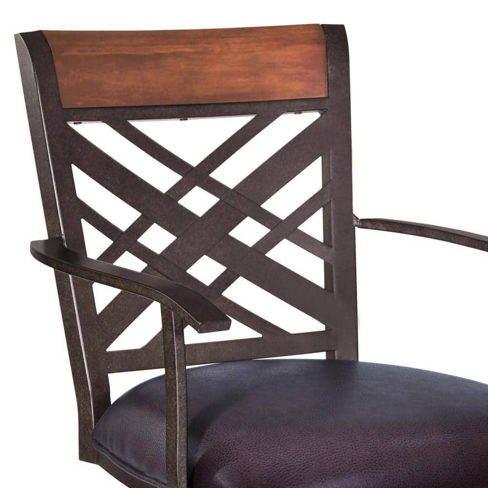 Brown Metal and Leather Swivel Counter Stool with Armrests