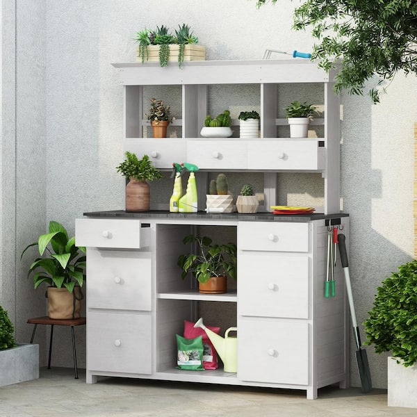 50.1 in. x 19.7 in. x 65.7 in. White and Gray Outdoor Wood Potting Bench Table with Multiple Drawers and Shelves