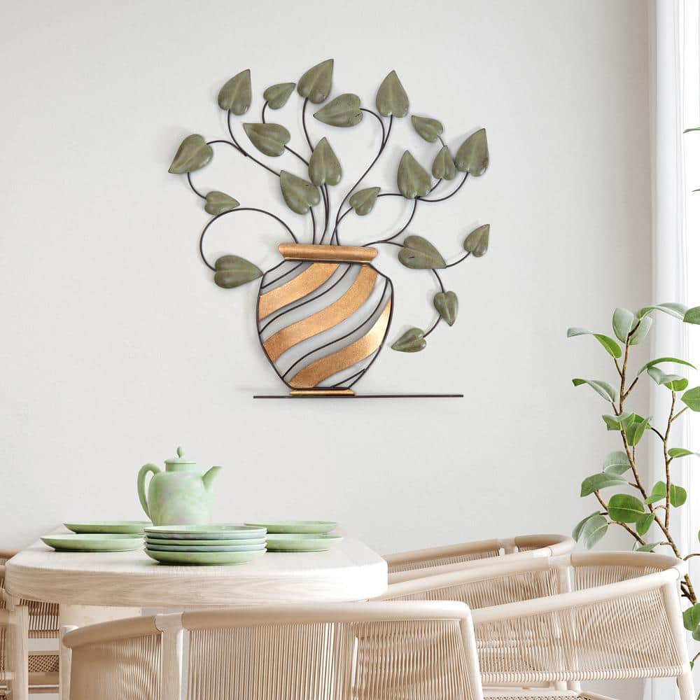 Golden Vase with Green Vines Metal Wall Art, 30" x 29.5"