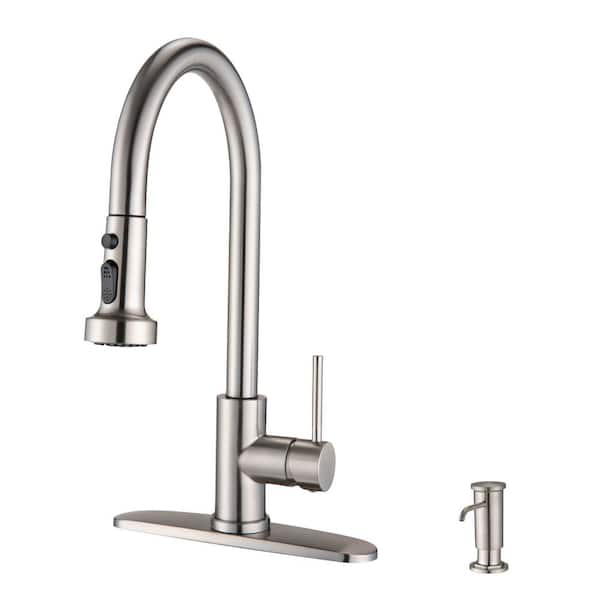 MYCASS PLATO Single Handle Pull Down Sprayer Kitchen Faucet with High Arc in Brushed Nickel