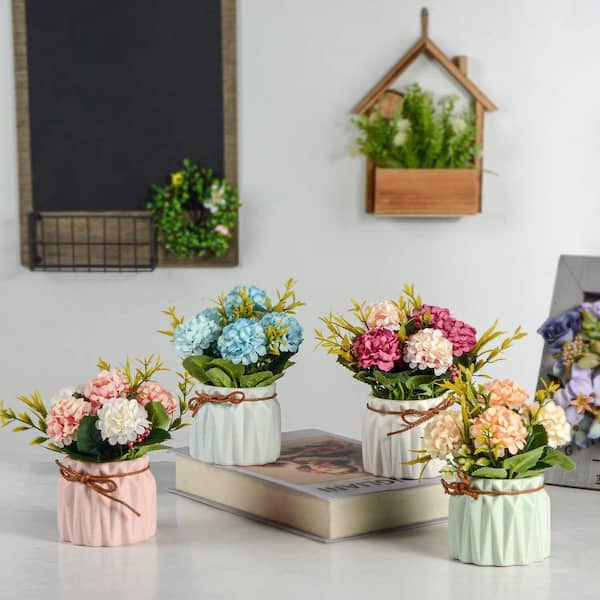 6 in. Multi-Colored Indoor Artificial Hydrangea Flowers in Ceramic