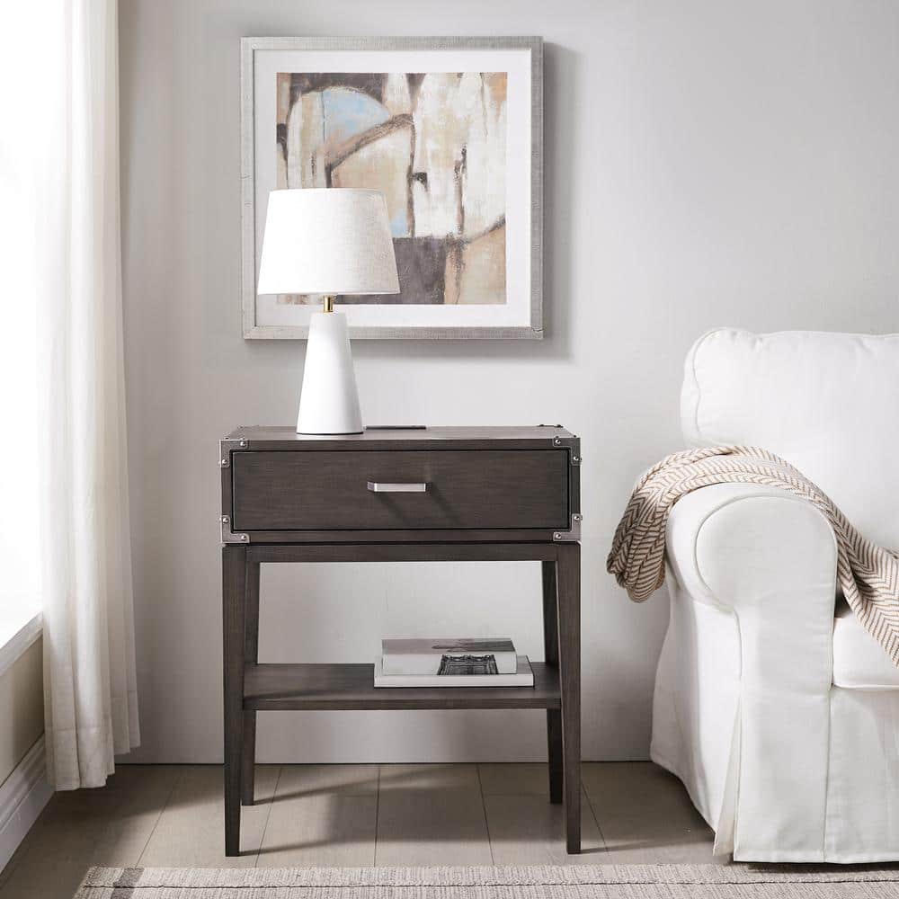 Beckett Anthracite Solid Wood Nightstand with USB Charging Port