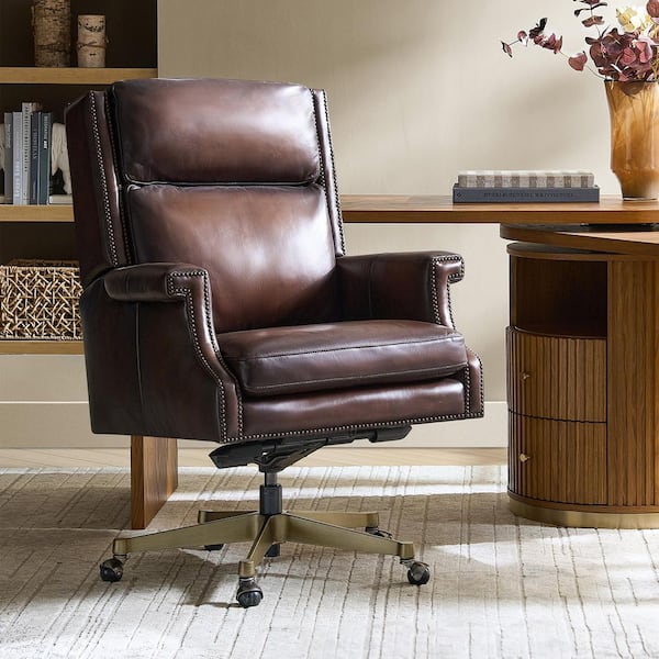 Salvador Genuine Leather Office Chair in Brown with Non-Adjustable Arms