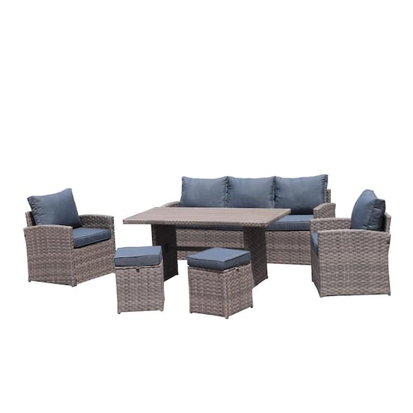DIRECT WICKER Florence Brown 6-Piece Wicker Patio Seating Set with Blue Cushions and Dining Table