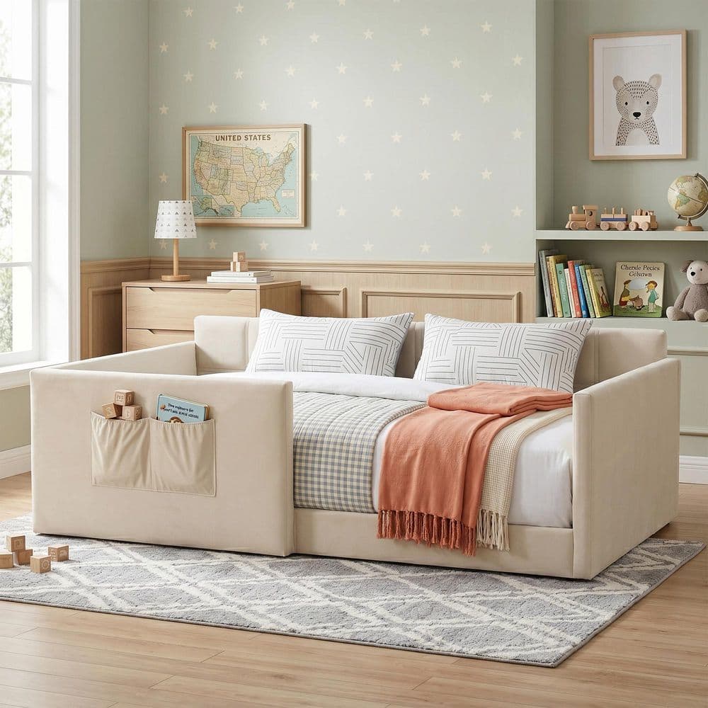 Harper & Bright Designs Beige Twin Size Velvet Upholstered Daybed