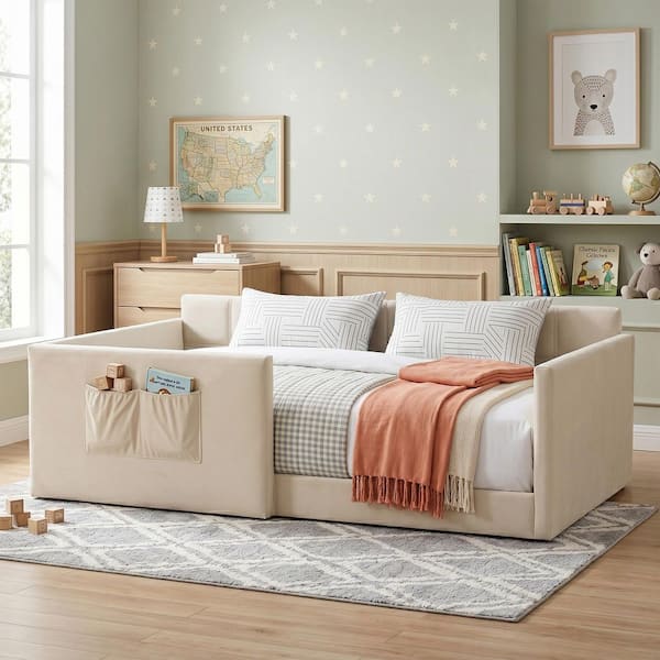 Harper & Bright Designs Beige Twin Size Velvet Upholstered Daybed