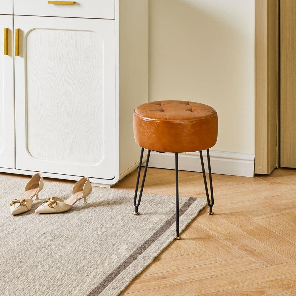 Light Brown Faux Leather 18.11 in. Tall Makeup Vanity Stool, PU Dressing Table Seat, Pouf Couch Stool, Golden Steel Legs price history on PriceWatchPro