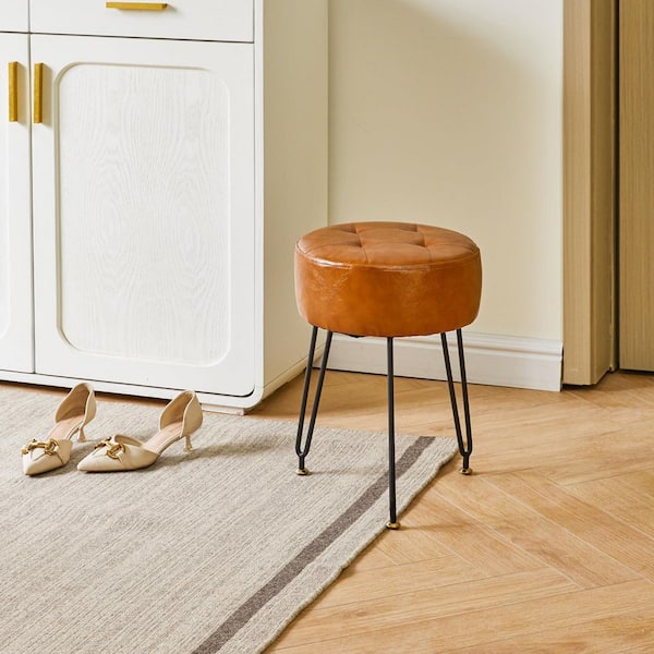 Light Brown Faux Leather 18.11 in. Tall Makeup Vanity Stool, PU Dressing Table Seat, Pouf Couch Stool, Golden Steel Legs