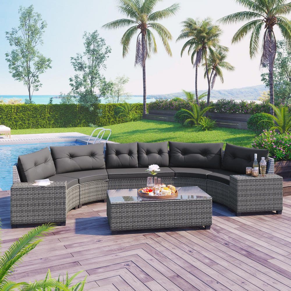 8-pieces Outdoor Wicker Patio Conversation Set with Gray Cushions Round Sof