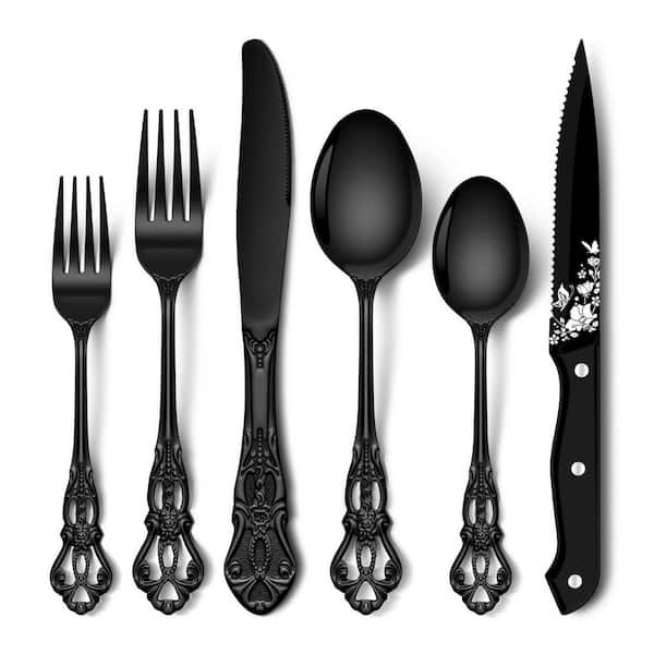 48 Piece Stainless Steel Mirror Finish Flatware Set with Serrated Steak Knife Black