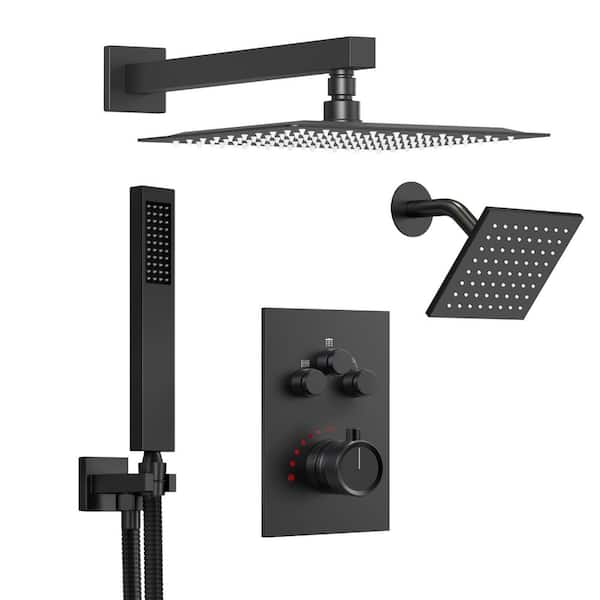 Zenith Rain 7-Spray 12 & 6 in. Dual Wall Mount Shower Head and Handheld Shower Head 2.5 GPM in Matte Black Valve Include