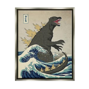 Godzilla in the Waves Eastern Poster Illustration by Michael Buxton Floater Frame Fantasy Wall Art Print 21 in. x 17 in.