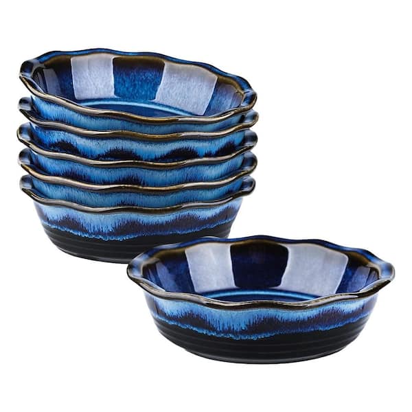 Wave Series 6.5 Inch Round Ceramic Pie Pan Deep Dish Baking Plate with Nonstick Glaze for Oven Safe Use Set of 6