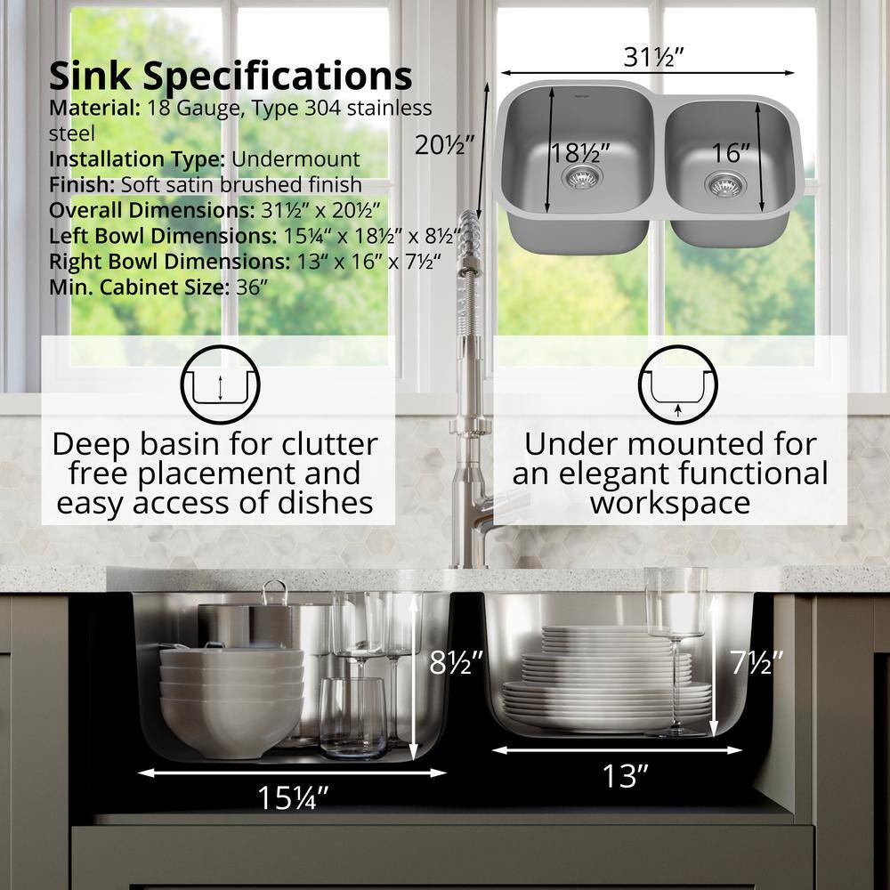 Stainless Steel 31.5'' Double Bowl Undermount Kitchen Sink Kit