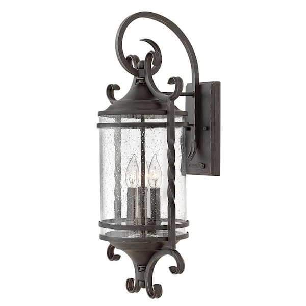 HINKLEY - Casa 3-Light Olde Black With Clear Seedy Glass Hardwired Outdoor Wall Lantern Sconce