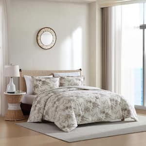 Beachway Blooms 3 Piece Beige Cotton Linen Blend Full/Queen Comforter Set