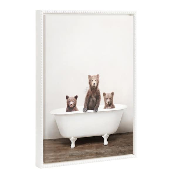 Modern Cute Bear Animal Bathtub Wall Art 1-Piece White Framed Canvas Art Print, 18 in. x 24 in.
