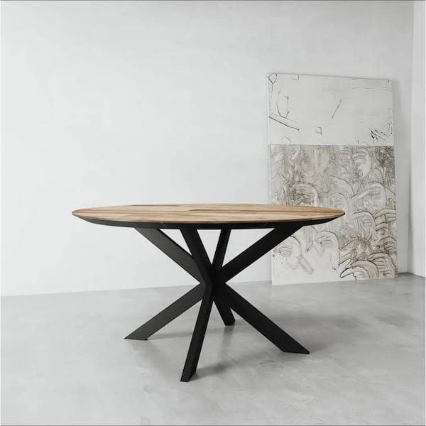 Kolt, Natural Wood Finish with Teak Wood Top, 50 in. Cross Legs Base, Round Dining Table, 6 Seating Capacity