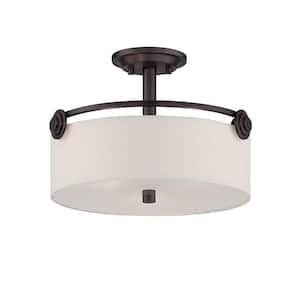 Gramercy Park 17 in. 3-Light Old English Bronze Semi Flush Mount Ceiling Light with Fabric Shade and Glass Panel