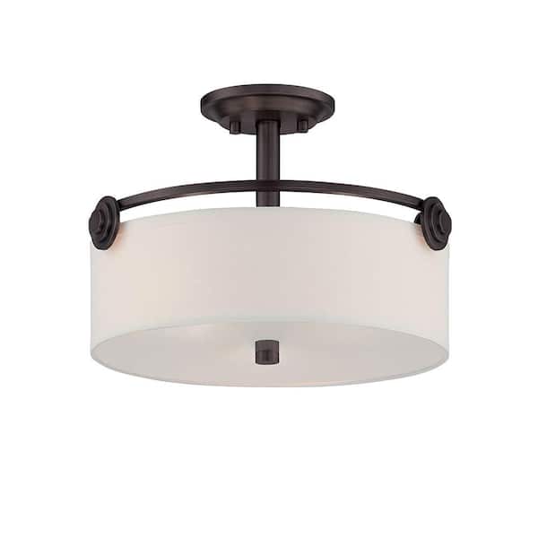 Designers Fountain Gramercy Park 17 in. 3-Light Old English Bronze Semi Flush Mount Ceiling Light with Fabric Shade and Glass Panel