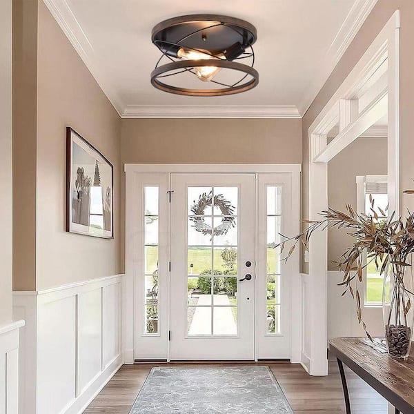 OUKANING 12.6 in. 2-Light Brown Retro Farmhouse Industrial Flush