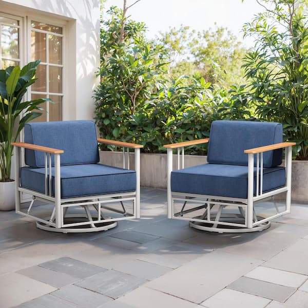 Puffin Swivel Glider White Metal Frame Outdoor Rocking Chairs with 6 in. Thick Navy Blue Olefin Cushions (2-Pack)